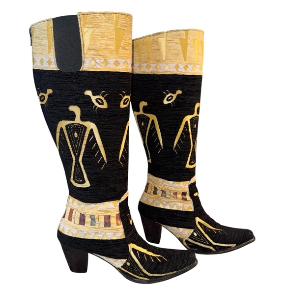 Scarlett Shoes - Suzani Woven Textile Tapestry Rug Black Gold Artisan Folk Art